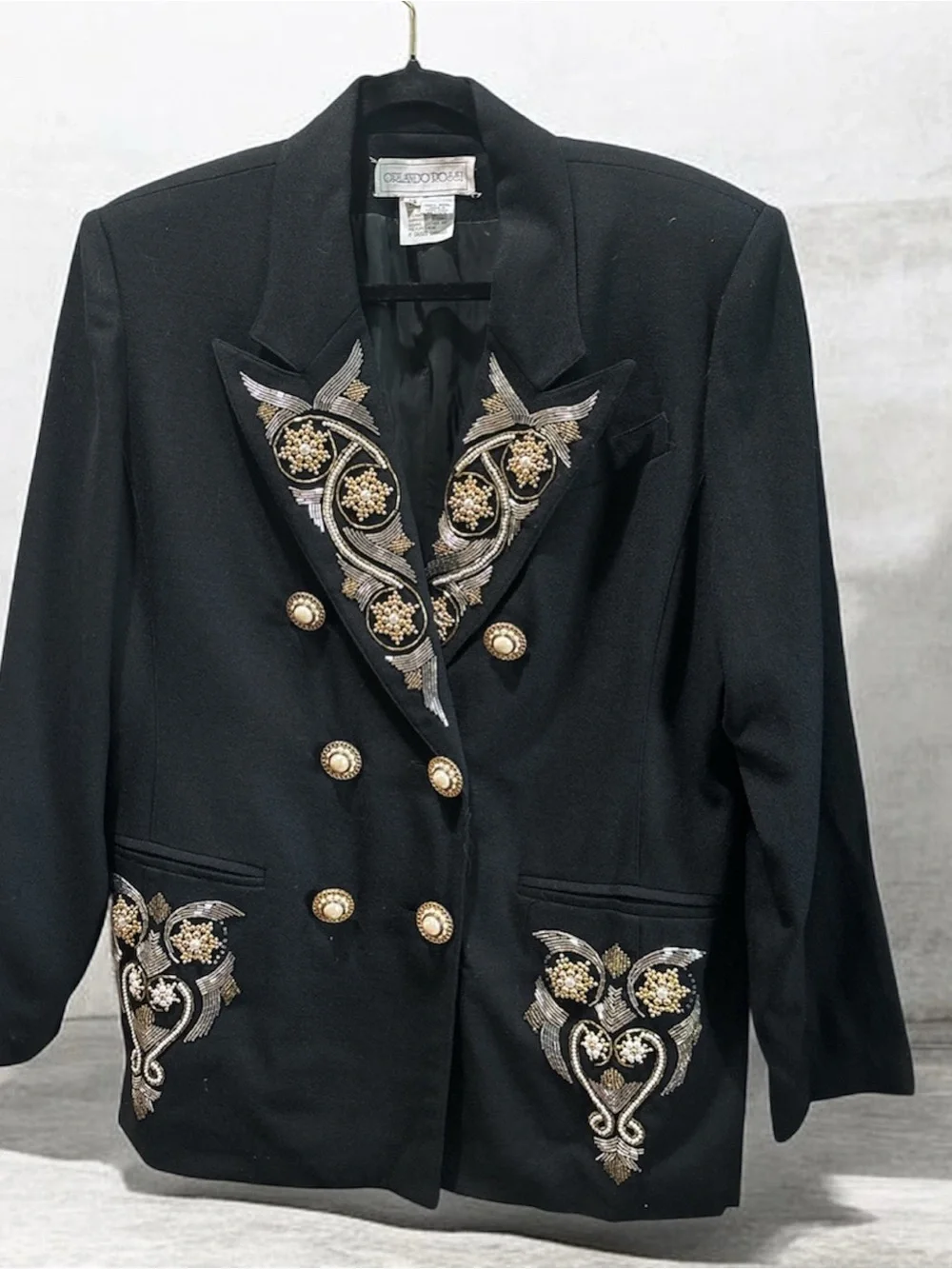 Embellished vintage Black Double-Breasted Blazer with Gold Accents